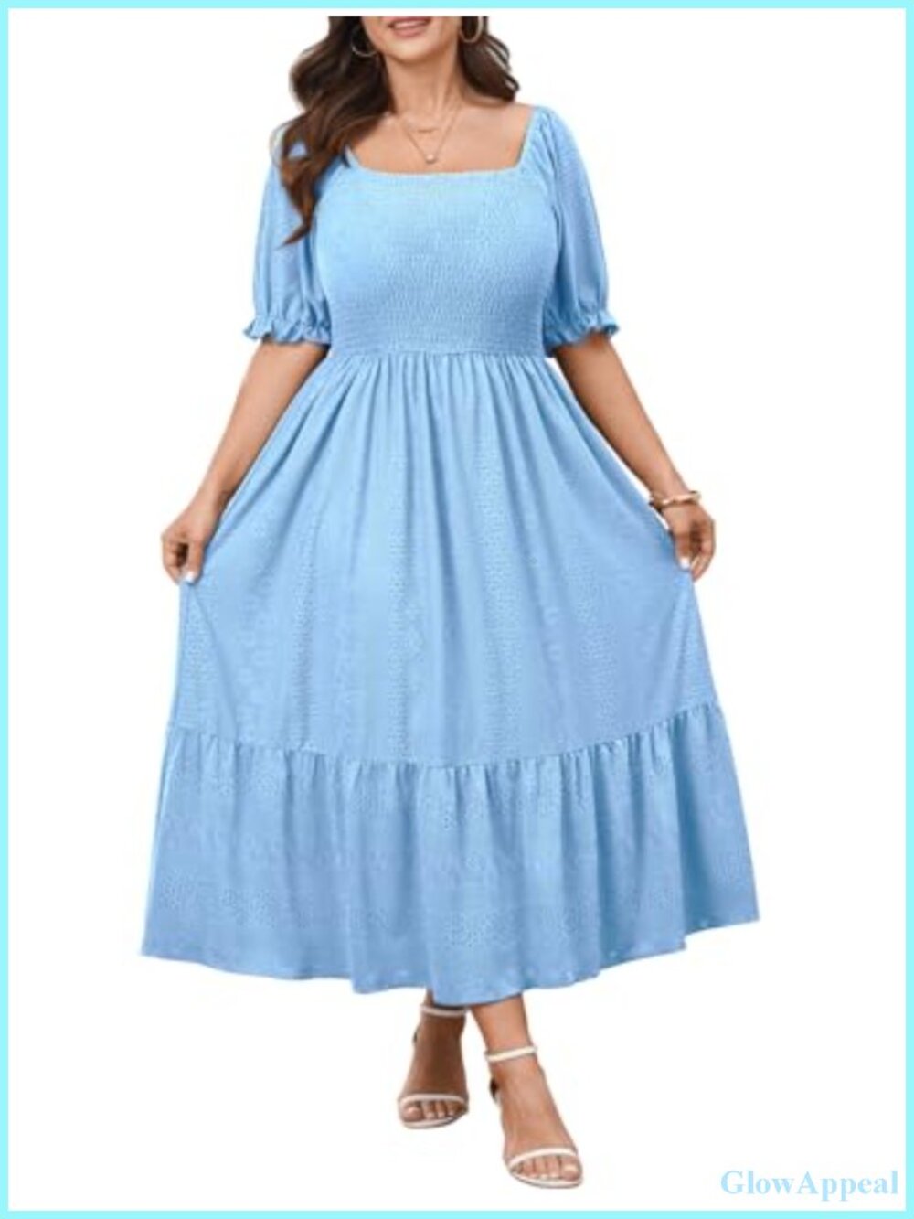Plus Size Maxi Dress Puff Sleeve Eyelet A-Line Square Neck Flowy Midi 2025 Curvy